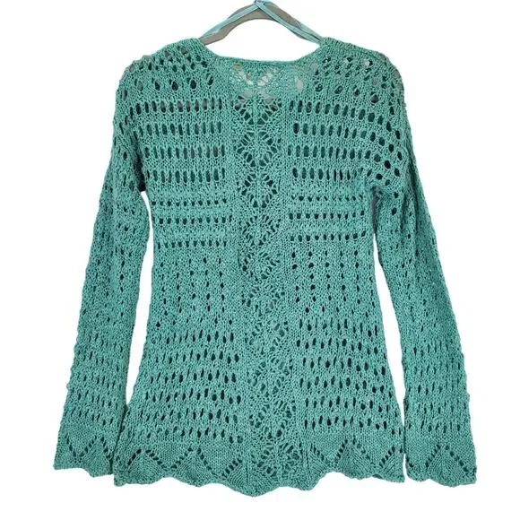 Anthropologie Open Crochet Knit Sweater S Mint Green Western Country Cowgirl NWT - Picture 2 of 8